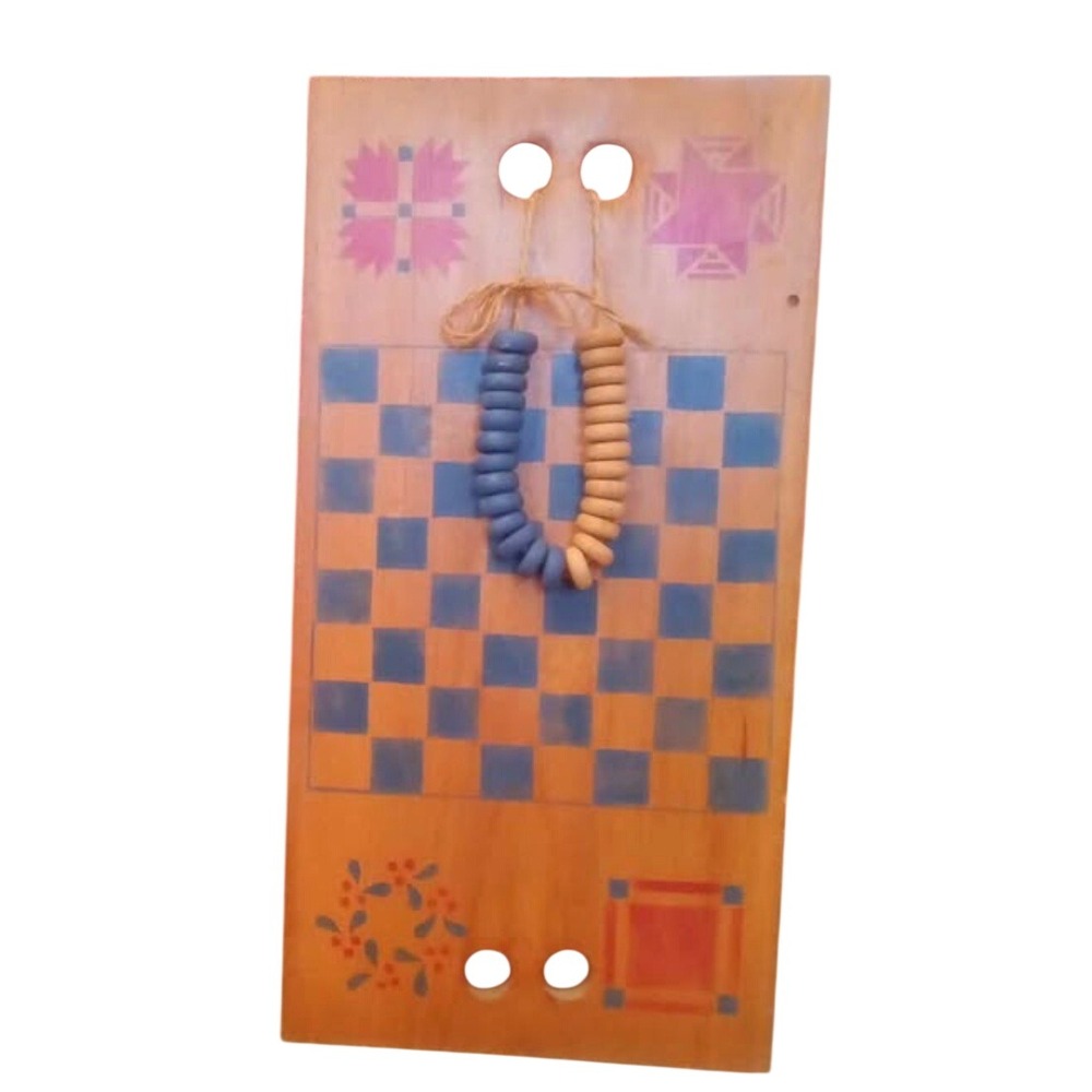 Vintage Style Wooden Checkerboard Folk Art Hand Painted Game Board Large